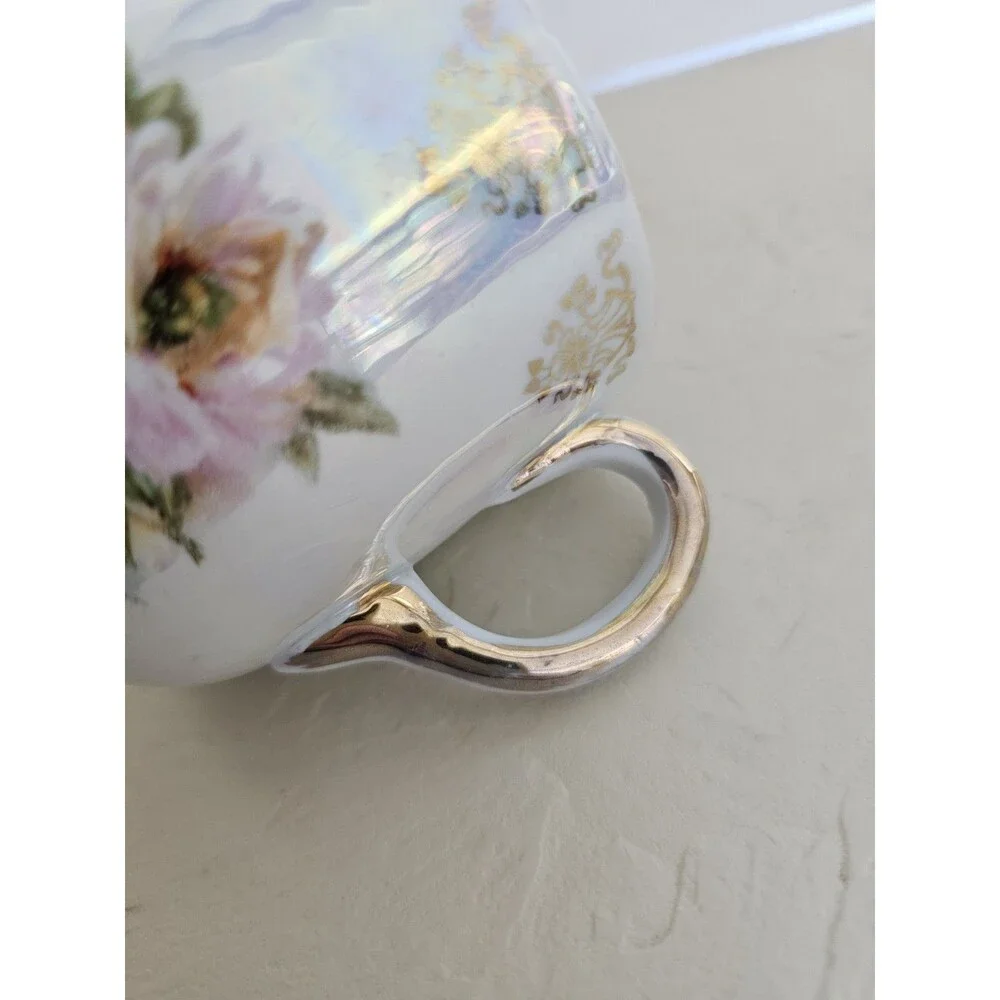 Vintage German Iridescent Cup With Flowers, Fruit, and Gold Details